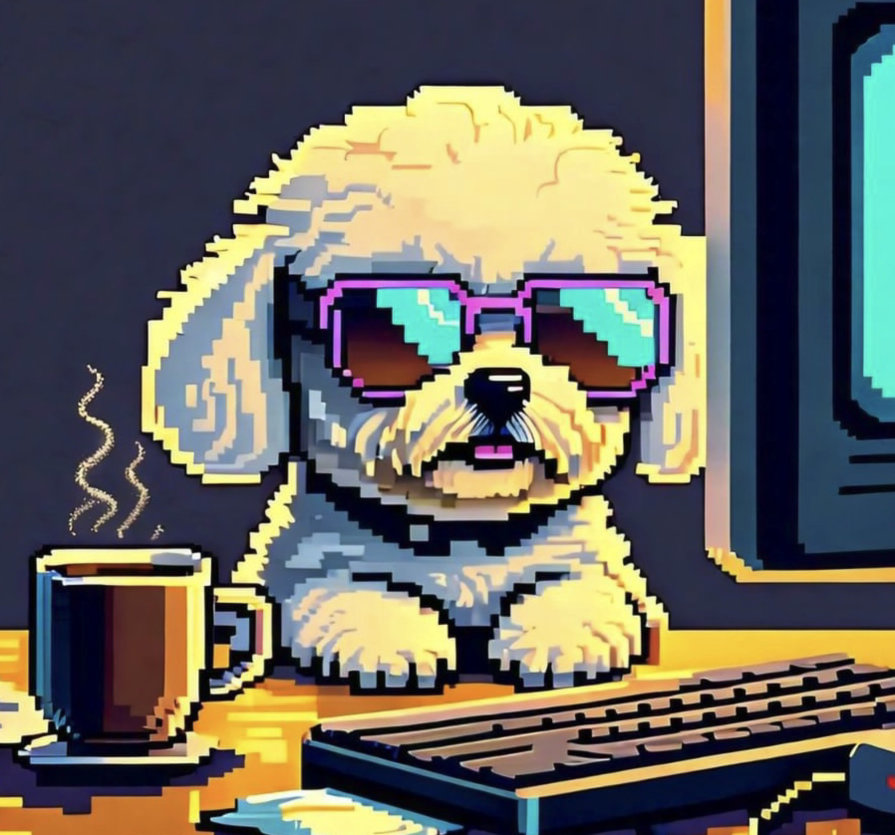 pixelated image of a dog coding